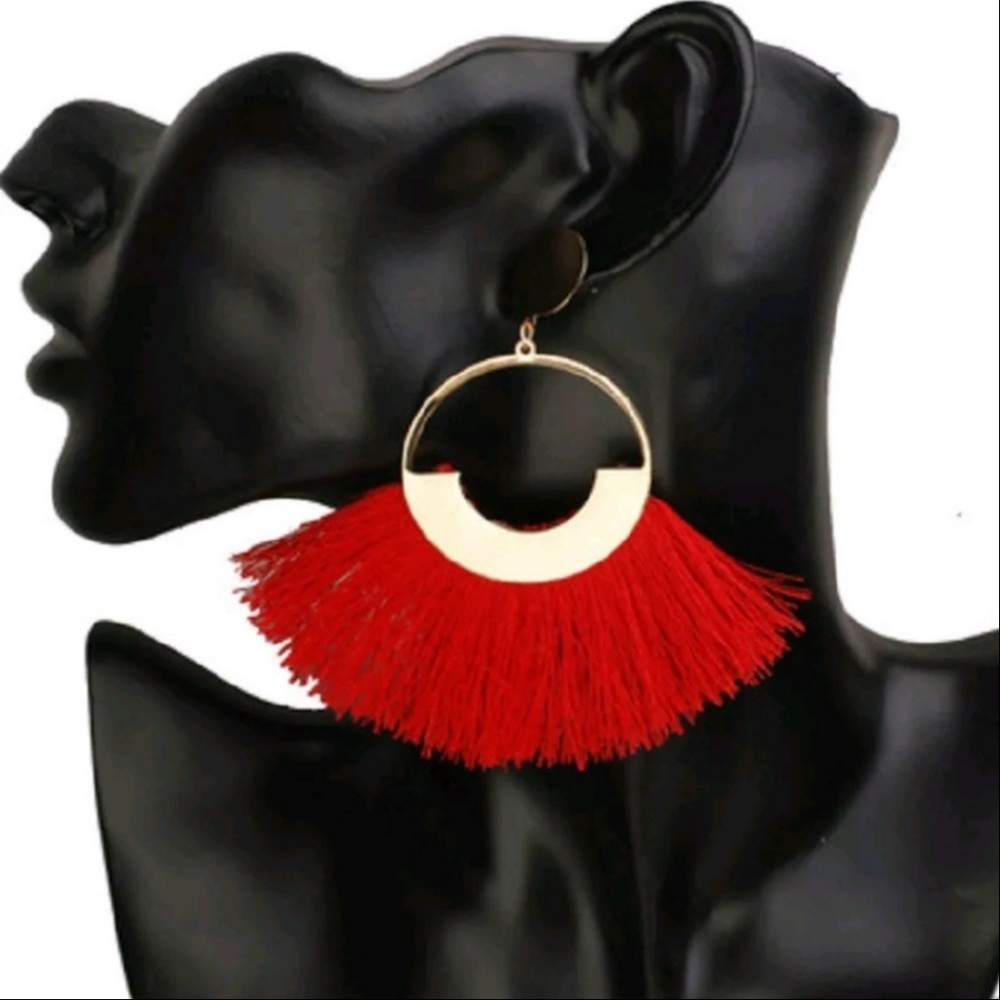 BOHO Gold Tone Red Tassel Earrings